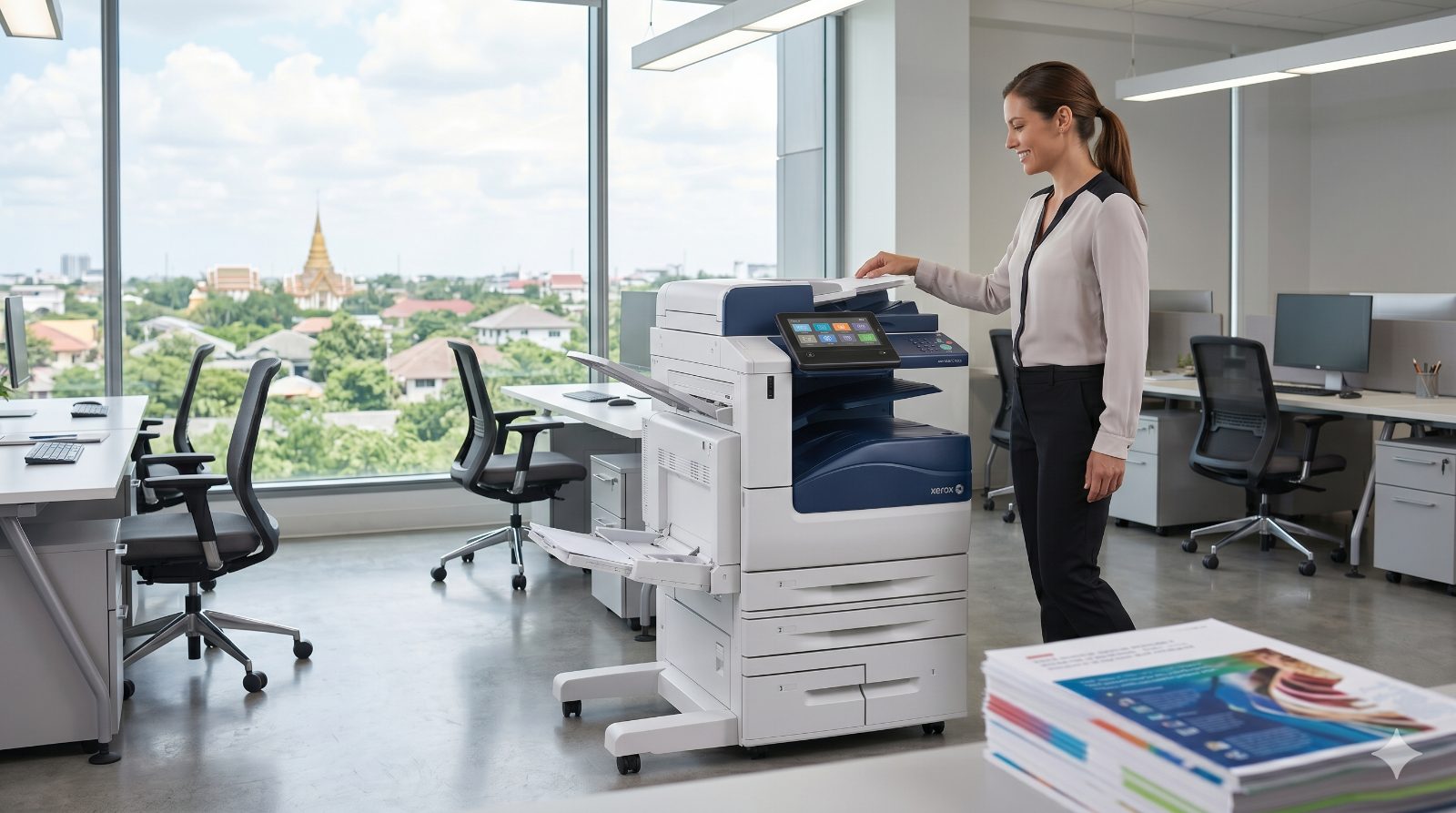 พนักงานใช้งานเครื่องถ่ายเอกสาร Xerox ให้เช่าในออฟฟิศสมัยใหม่
